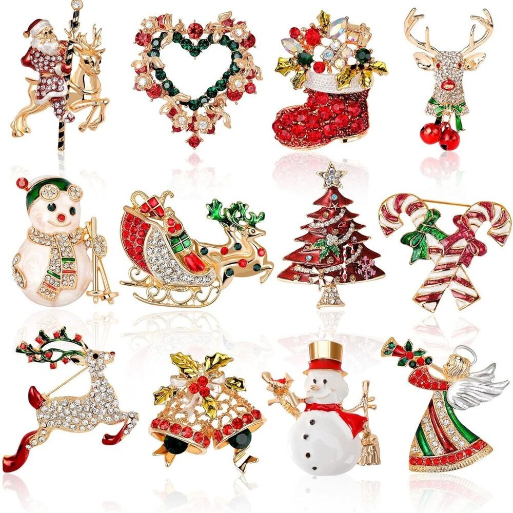 12 Pieces Christmas Pin Brooch Rhinestone Crystal Christmas Pin Enamel Christmas